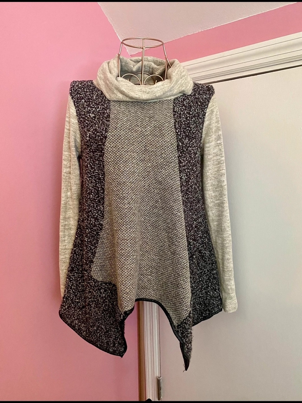 THML Gray and Cream Funnel Neck Colorblock Sweater
